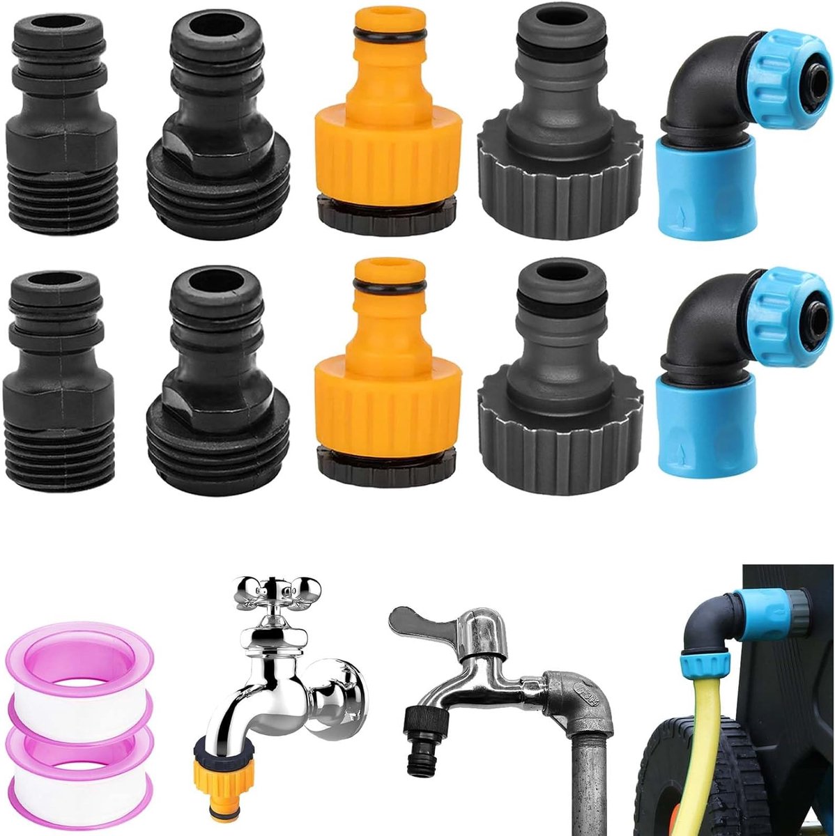 SnelShoppen - 10-delige Tuinslang Aansluitsysteem Set, 1/2 en 3/4 Inch Slangconnectoren, 2-in-1 Kraanadapter, 90° Snelaansluiting voor Tuin, Buiten, W