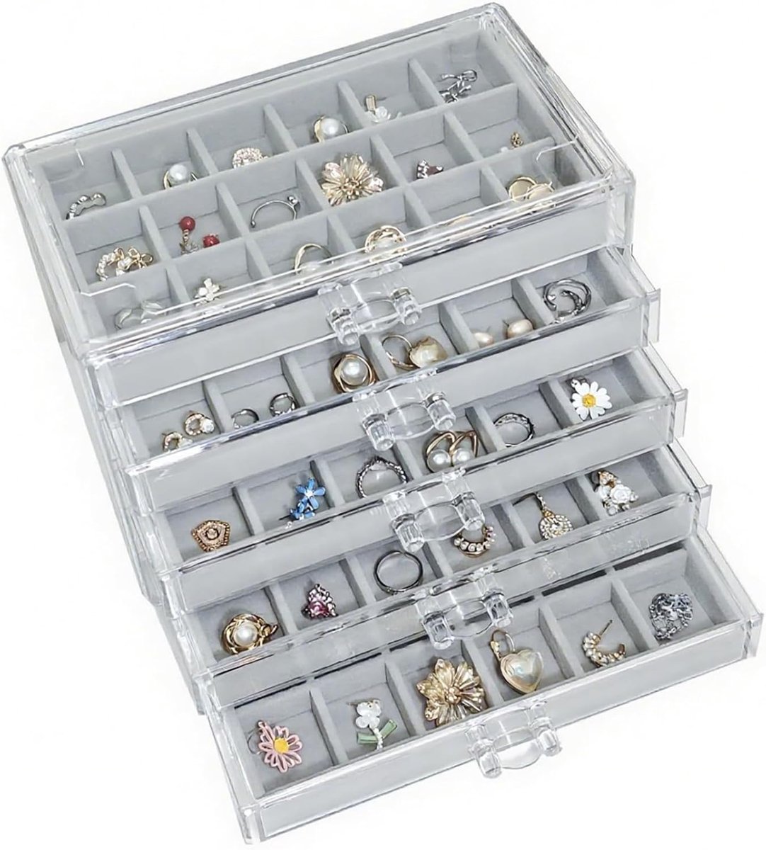 SnelShoppen - Luxe Acryl Sieradenbox met 5 Verdiepingen - Velvet Sieraden Organizer met Verwijderbare Lades voor Kettingen, Ringen en Oorbellen