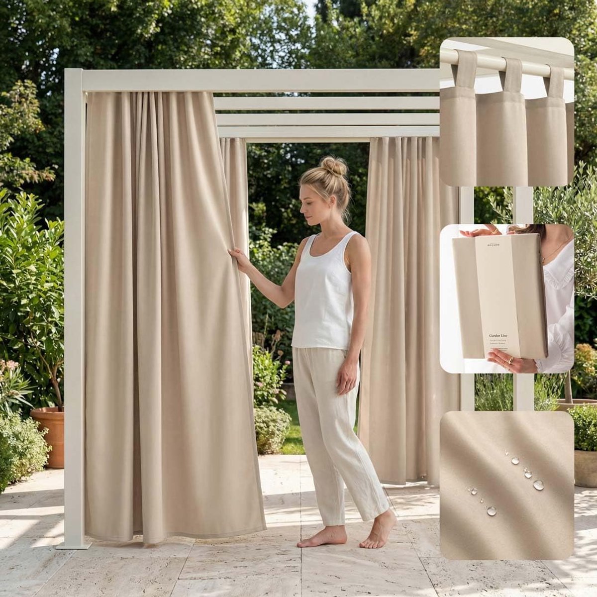 SnelShoppen - Tuinstof Gordijn met Lussen, Weerbestendig en Waterdicht, Privacy Scherm, Zonbescherming voor Tuin, 155 x 220 cm, Beige