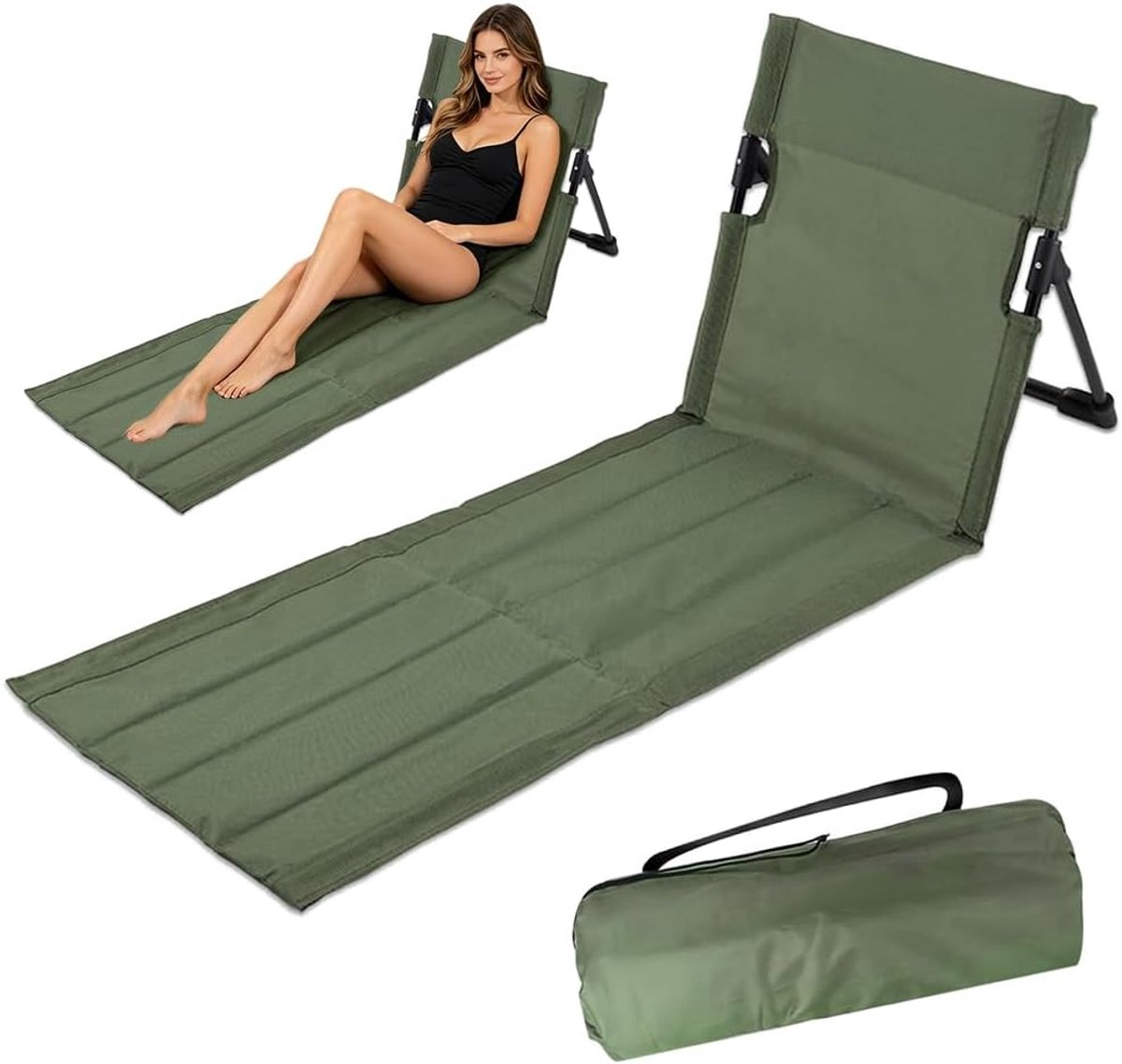 Thijox - Extra Lange Strandmat met Rugleuning, Opvouwbare Strandstoel, Draagbare Vloerstoel, Robuuste 600D Oxford Stof, Groen voor Strand, Picknick en