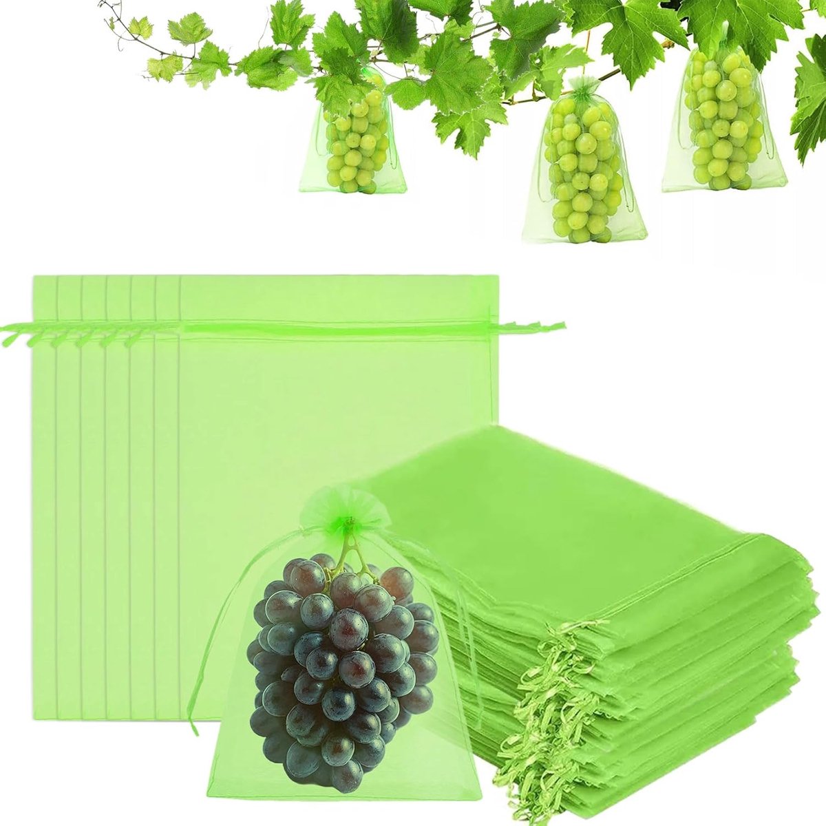SnelShoppen - 100 Stuks Grape Protection Bags 20x30 cm - Herbruikbare Groene Fruit Beschermzakken met Trekkoord - Fijne Gaas Tuin Zak Tegen Wespen en