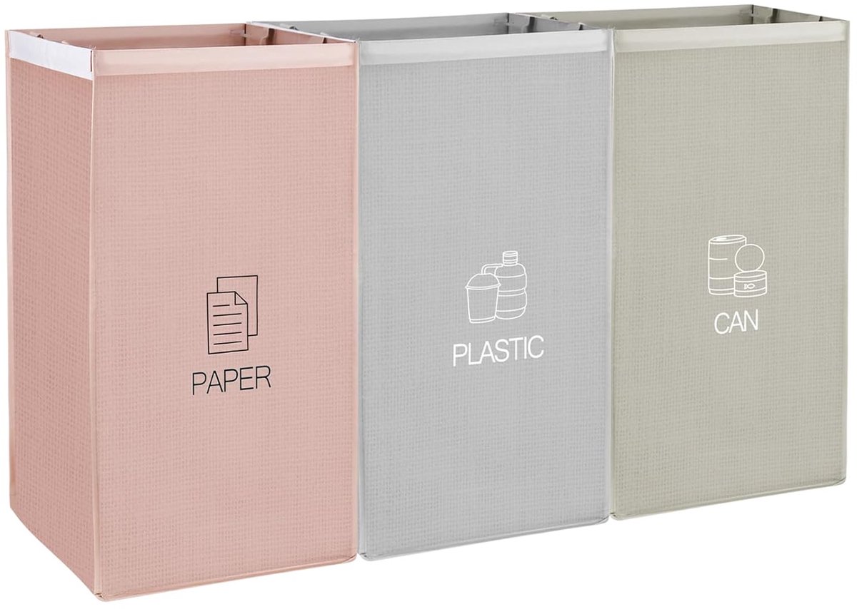 SnelShoppen - Afval Scheidingssysteem 3-vaks voor Papier, Glas, Plastic - Eco-vriendelijk Afvalbak met Herbruikbare Organizer Tassen in Roze, Grijs en
