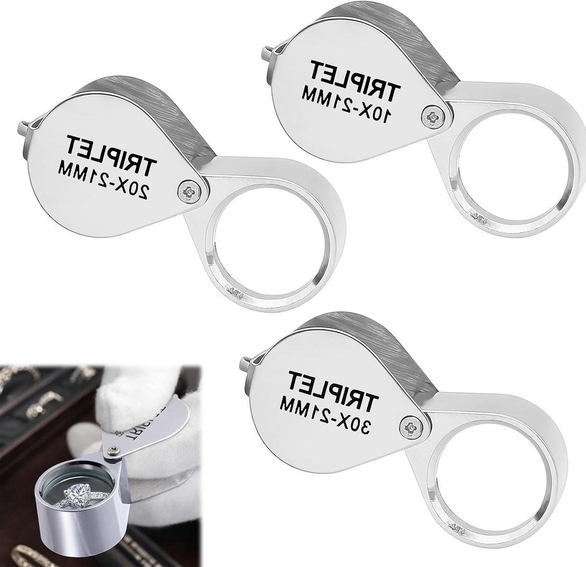 Opvouwbaar juweliersvergrootglas voor edelstenen en sieraden, metalen horlogemakerloep, 3 stuks voor antiek en hobbygebruik