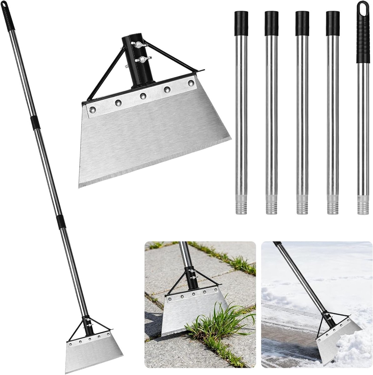 Reinigingsschop met steel - Onkruidsteker schraper - Tuinonderhoud en sneeuwruimen - Verstelbare lengte 70-200 cm - 200 cm - zilver