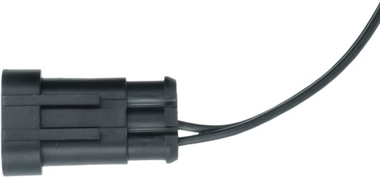 Zwarte elektrische connector met rechthoekige behuizing aan het uiteinde van een zwarte kabel.