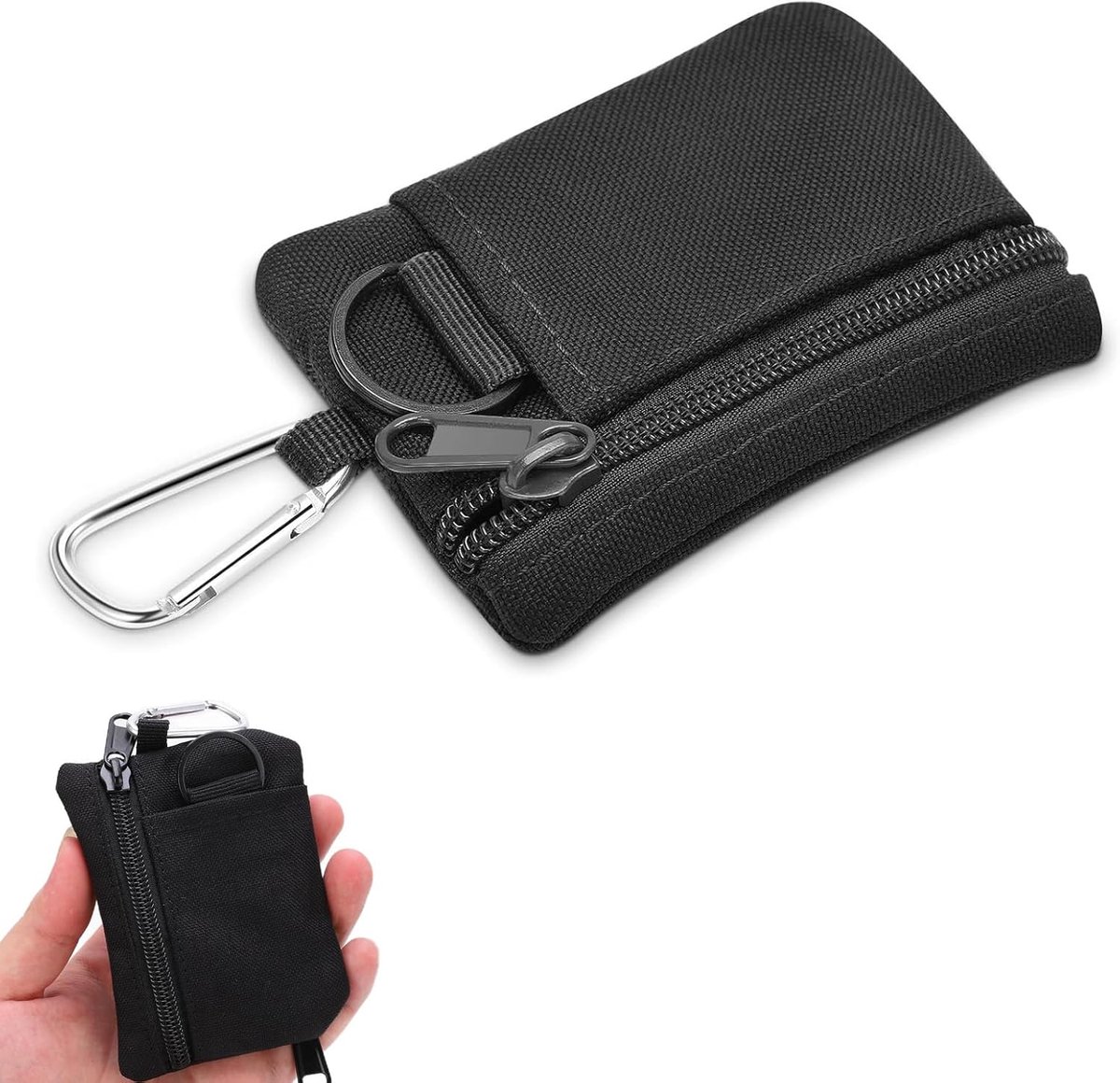 SnelShoppen - Kleine Nylon Portemonnee voor Mannen, Mini Geldbeugel met Rits en Carabiner, Muntentas voor Kaarten en Sleutels, Lichtgewicht en Zacht,