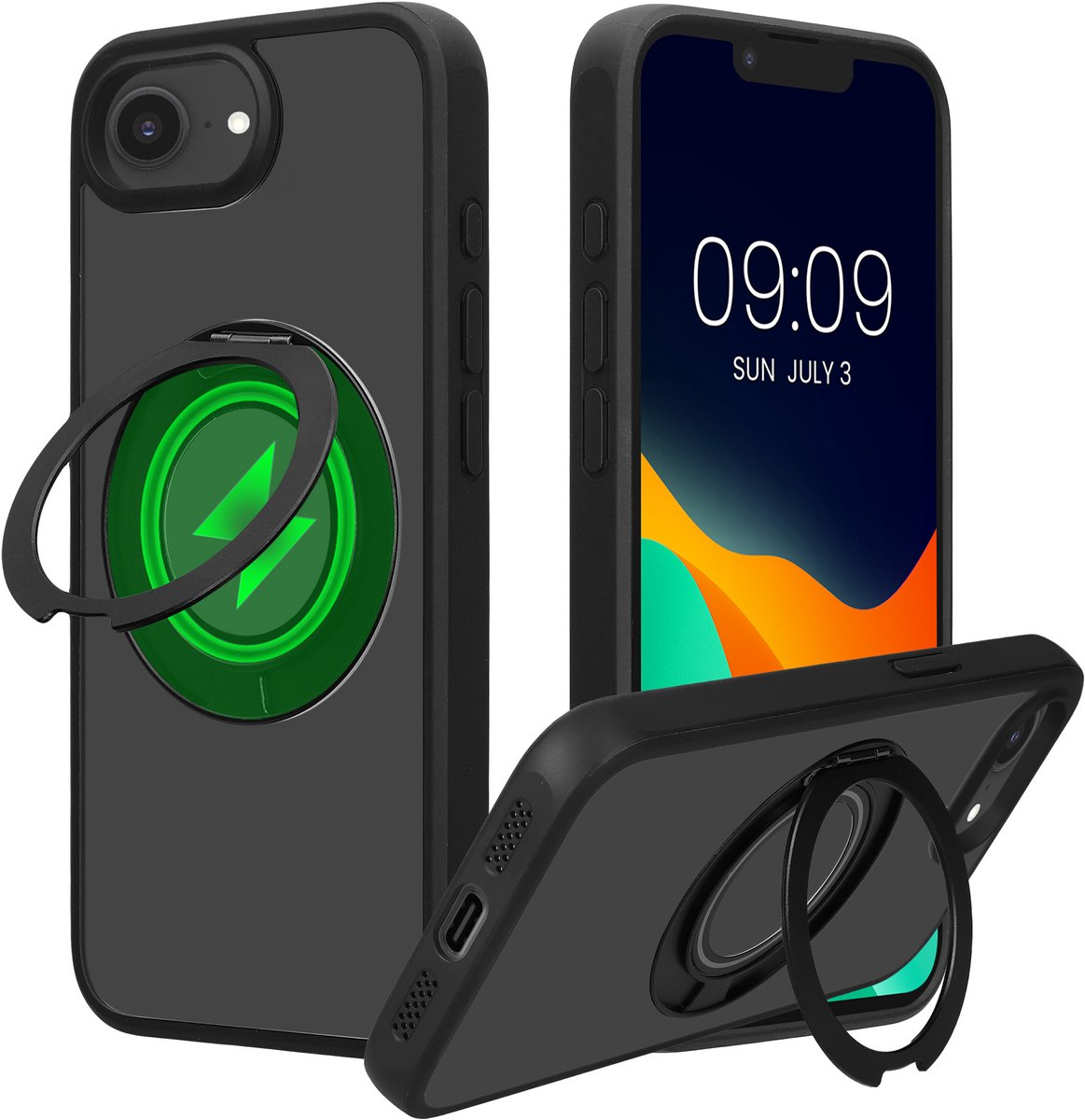 kalibri Beschermhoes met ringhouder vppr Apple iPhone 17e / iPhone 16e - Kickstand 360° harde hoes compatibel met MagSafe - zwart / transparant