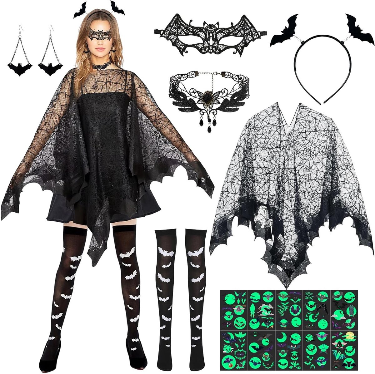Halloween Vleermuis Kostuum voor Dames met Zwarte Spinnenweb Cape, Hoofdband, Oogmaskers en Accessoires voor Feestjes en Carnavals