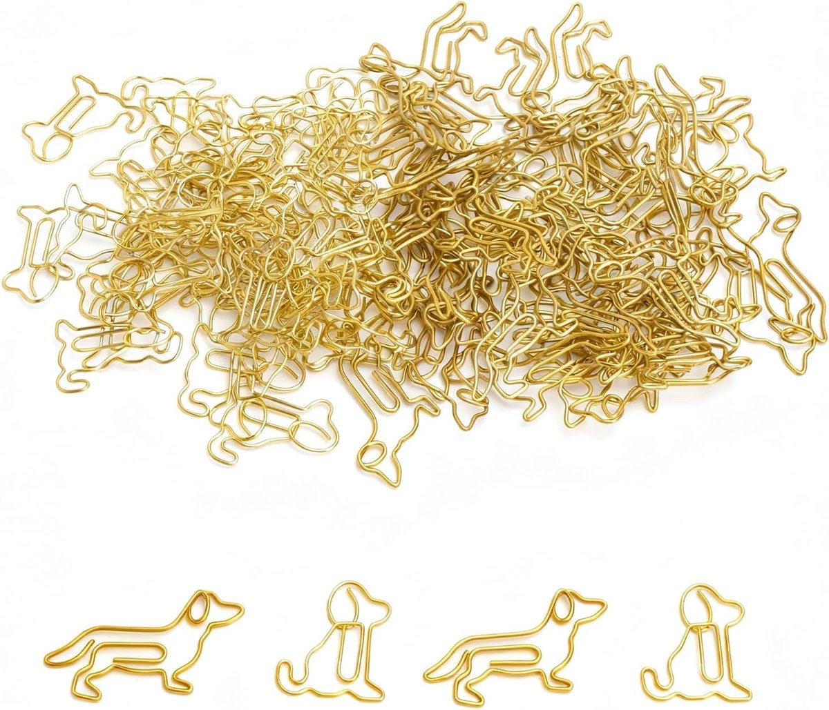 SnelShoppen - 100 Stuks Paper Clips Goud - 50 Dachshund Motief & 50 Hond Zittend Patroon - Kleine Klemmen 25x45mm & 25x30mm - Dieren Bookmark Klips vo