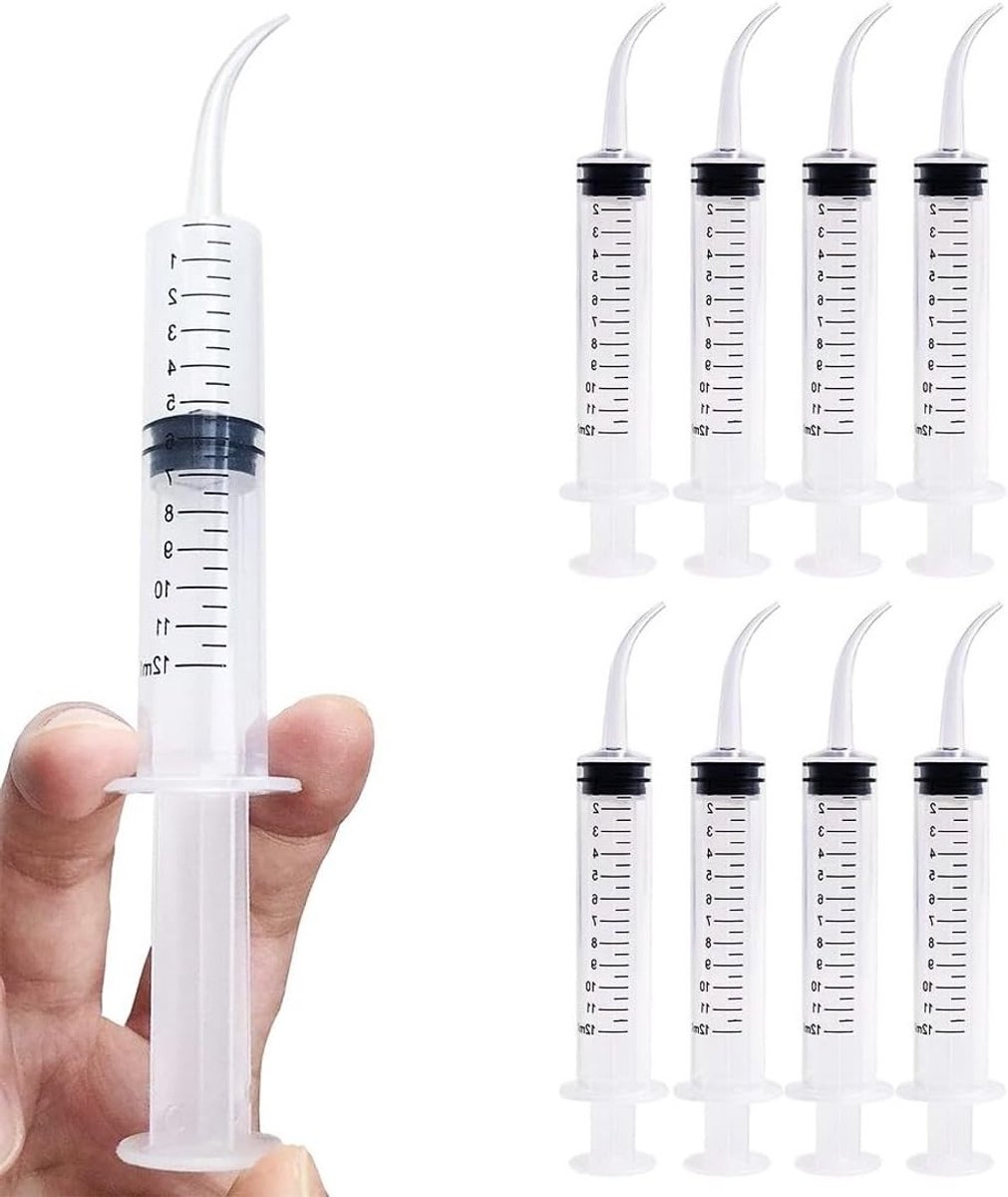 Tandspuit 12 ml met gebogen punt voor effectieve tandverzorging en oorreiniging, ideaal voor huisdieren en laboratoria, inclusief vacuümslang en haak