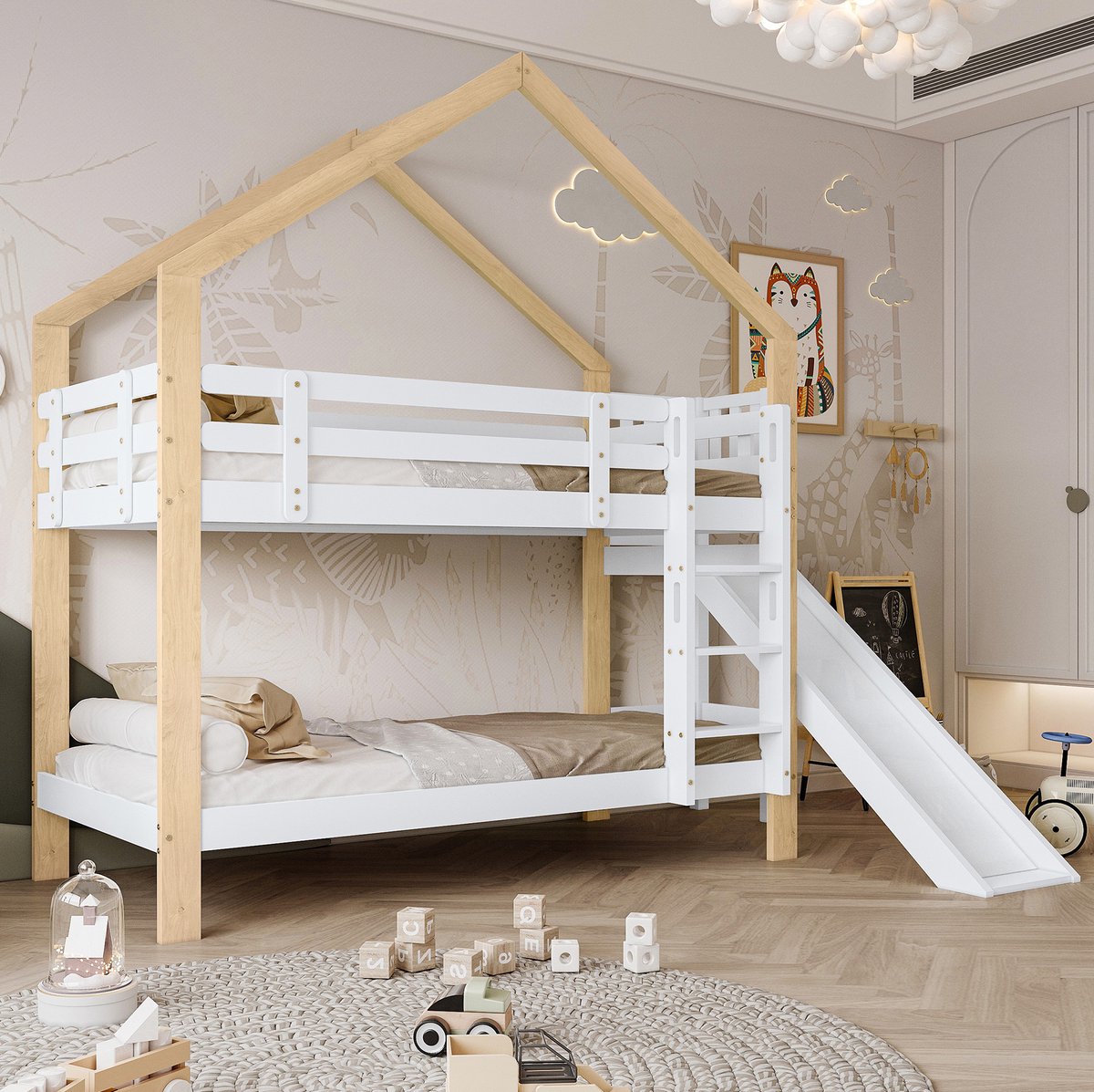 COVREO Stapelbed 90x200 cm - huisbed met glijbaan, 3-traps ladder en uitvalbeveiliging, wit