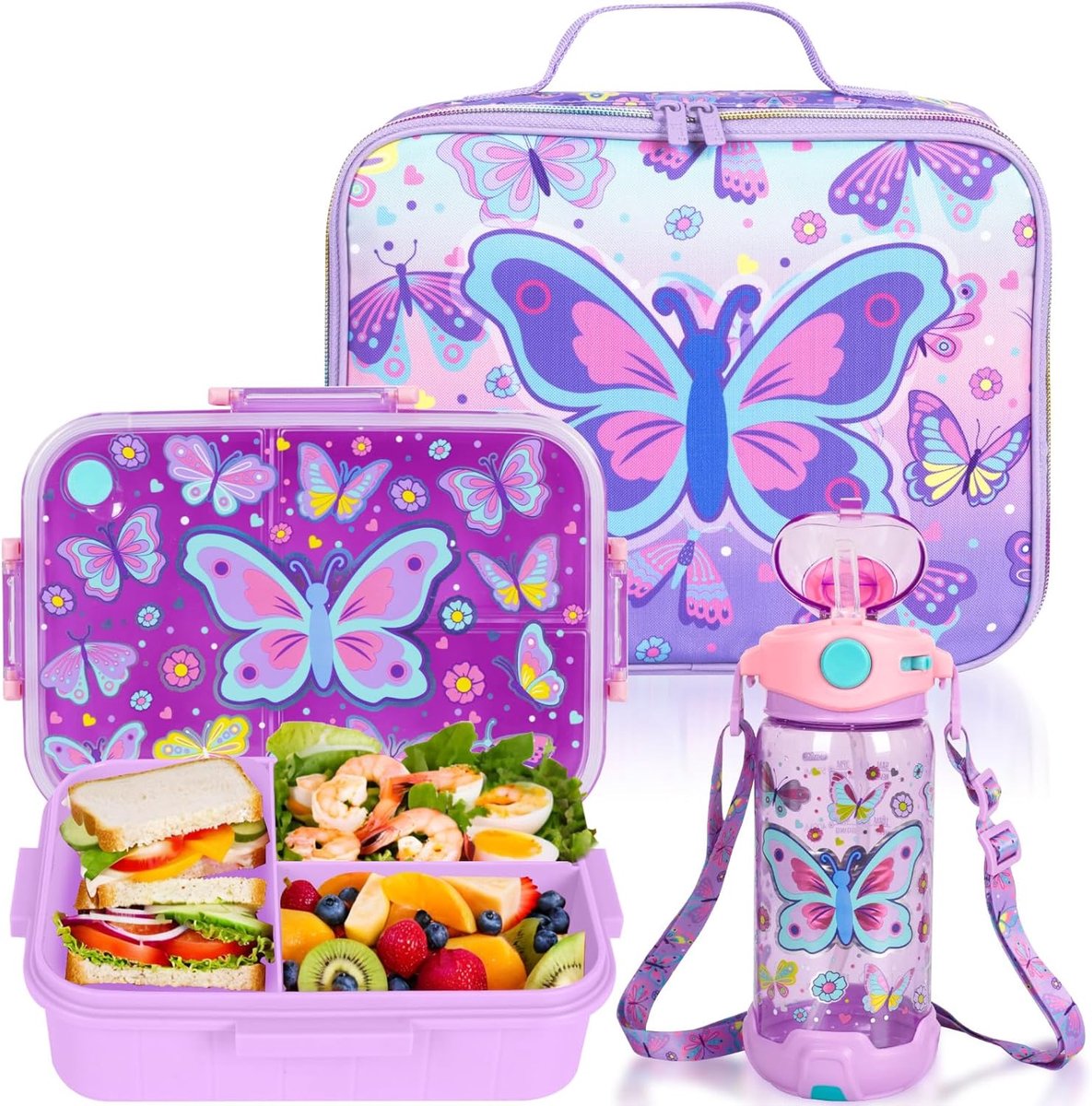 SnelShoppen - Bento Lunch Box Set voor Kinderen - 1200ml, Lekvrije Lunchcontainers met 3 Compartementen, BPA Vrij Waterfles en Geïsoleerde Lunchtas vo