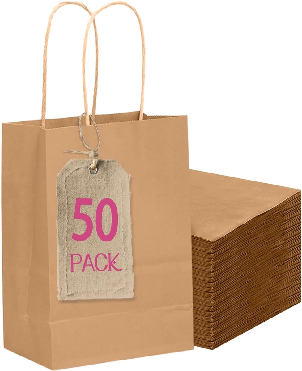 SnelShoppen - 50 Stuks Mini-Geschenkzakjes Bruin Papier met Hengsels - 12 x 6 x 15 cm - Feestelijke Cadeauzakjes voor Verjaardag, Feest, Decoratie en