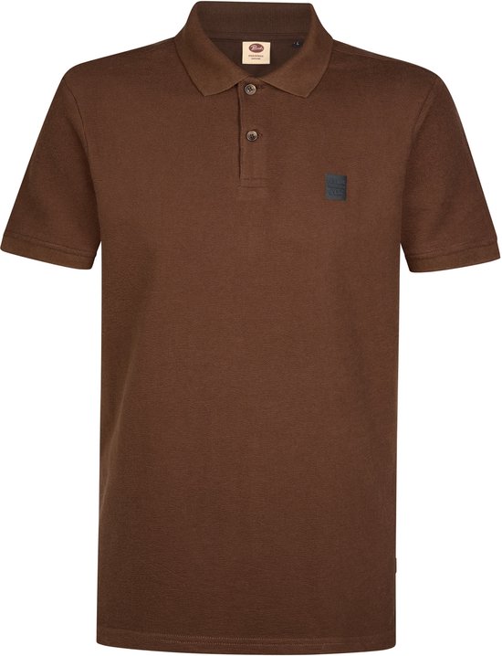 Bruin katoenen poloshirt met korte mouwen en een geborduurd label op de linkerborst.