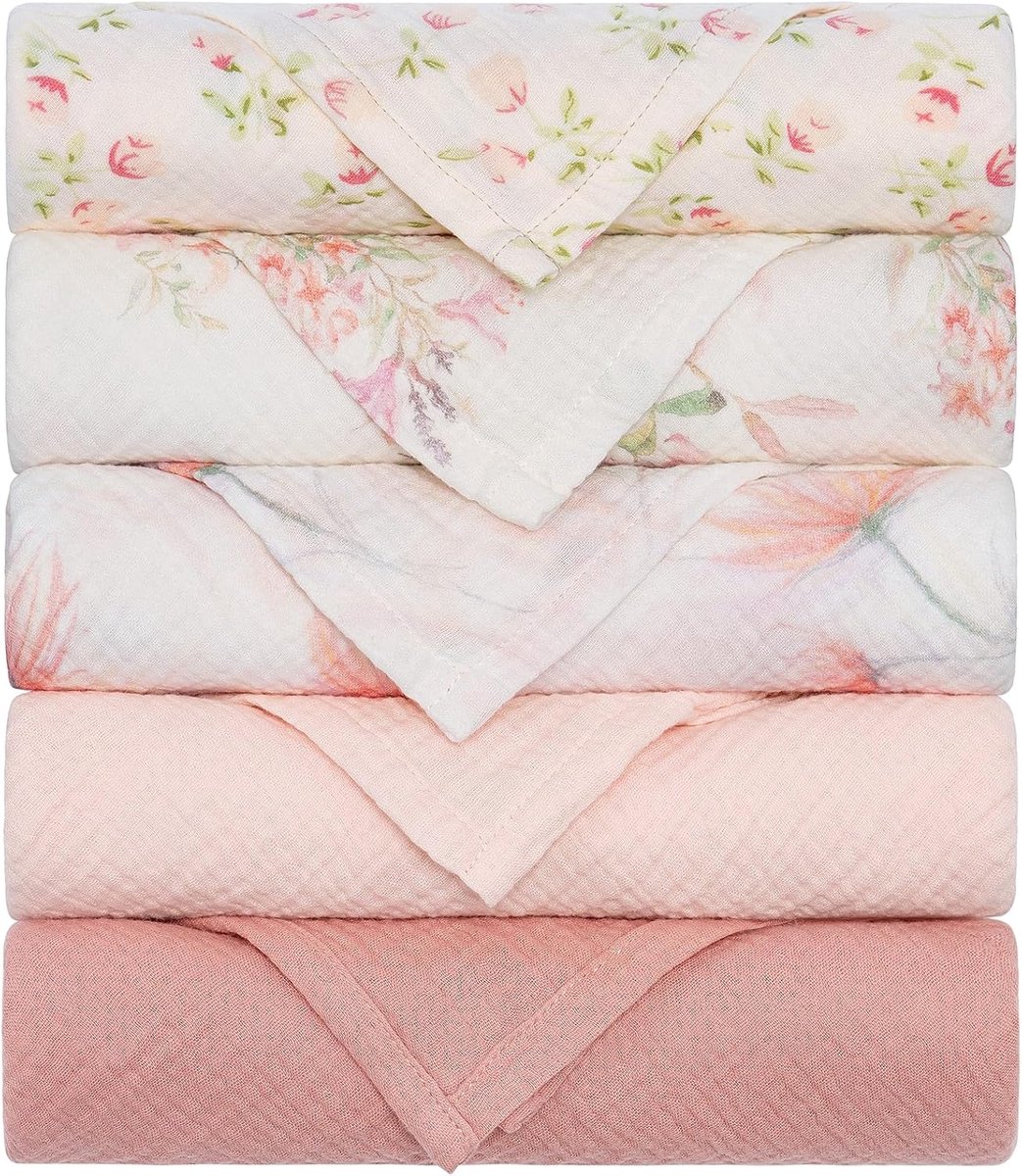 SnelShoppen - Baby Muslin Doeken Set van 5 - 60x60 cm - Katoenen Babydoeken - Ademend en Absorberend - Perfect voor Pasgeborenen en Ouders - Roze