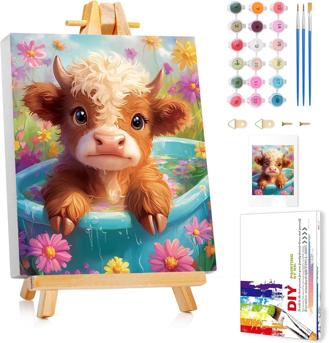 SnelShoppen - Cow Painting by Numbers Kinderen met Lijst - Schilderen voor Kinderen 5 6 7 8 9 10 Jaar - Compleet Schilderpakket met Easel 24 x 30 cm