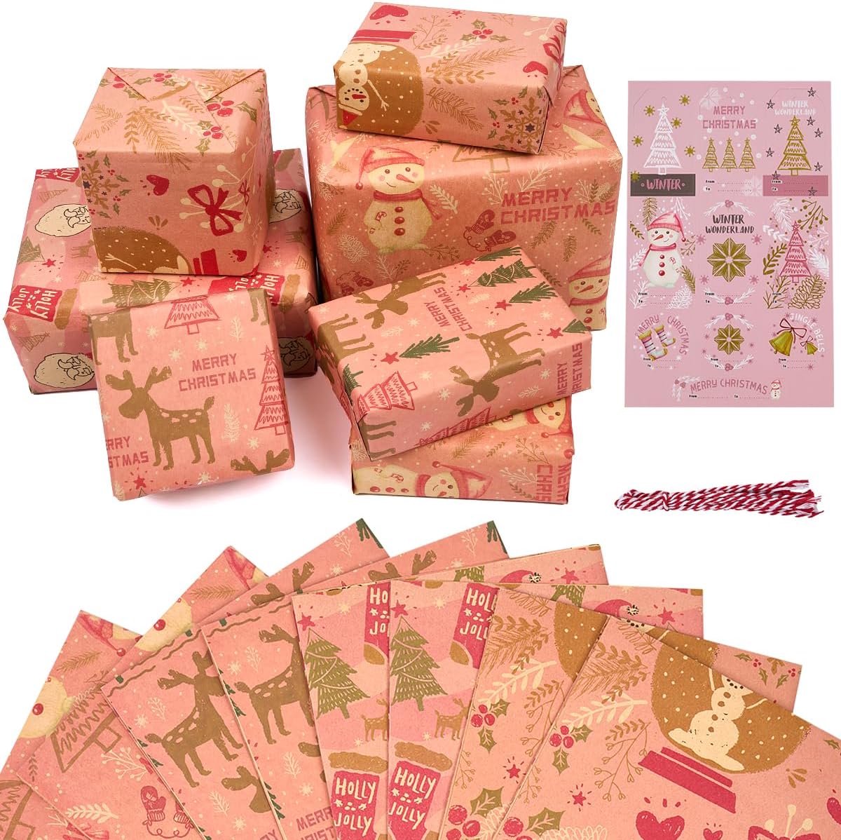 SnelShoppen - Kerst Cadeau Inpakpapier 8 Vellen 70x50cm Recyclebaar Kraftpapier met 10 Cadeautags en Touwtjes voor het Inpakken van Kerstcadeaus