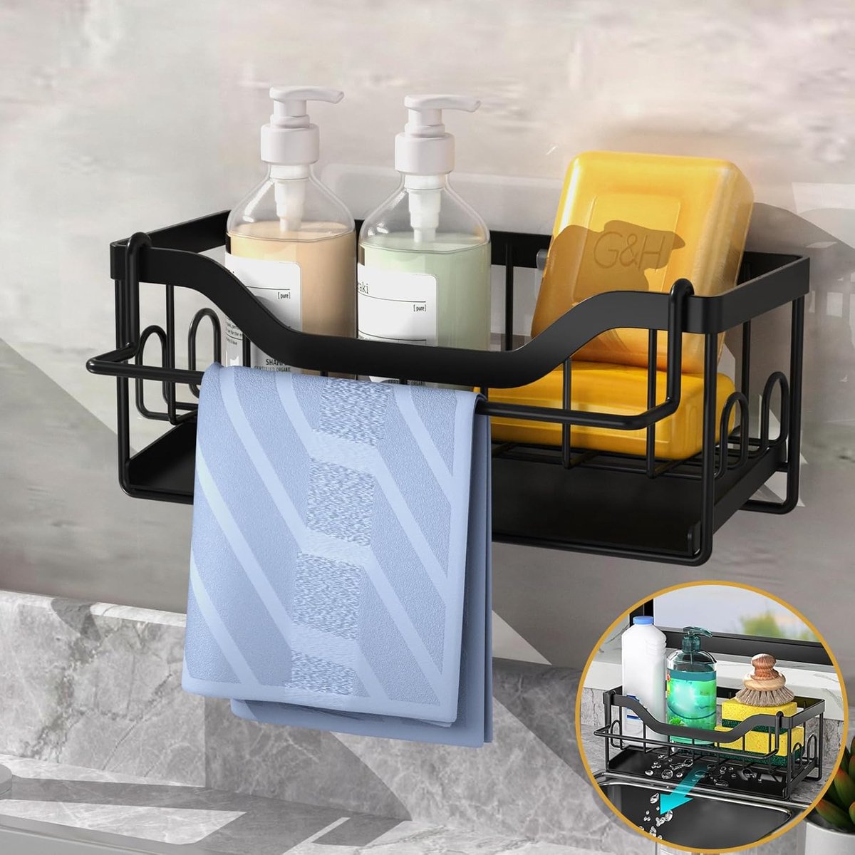 SnelShoppen - Sink Organizer - Sponge Holder voor Keuken - RVS Keuken Organizer met Drainer Tray - Anti-roest en Snelle Afvoer - Zwart