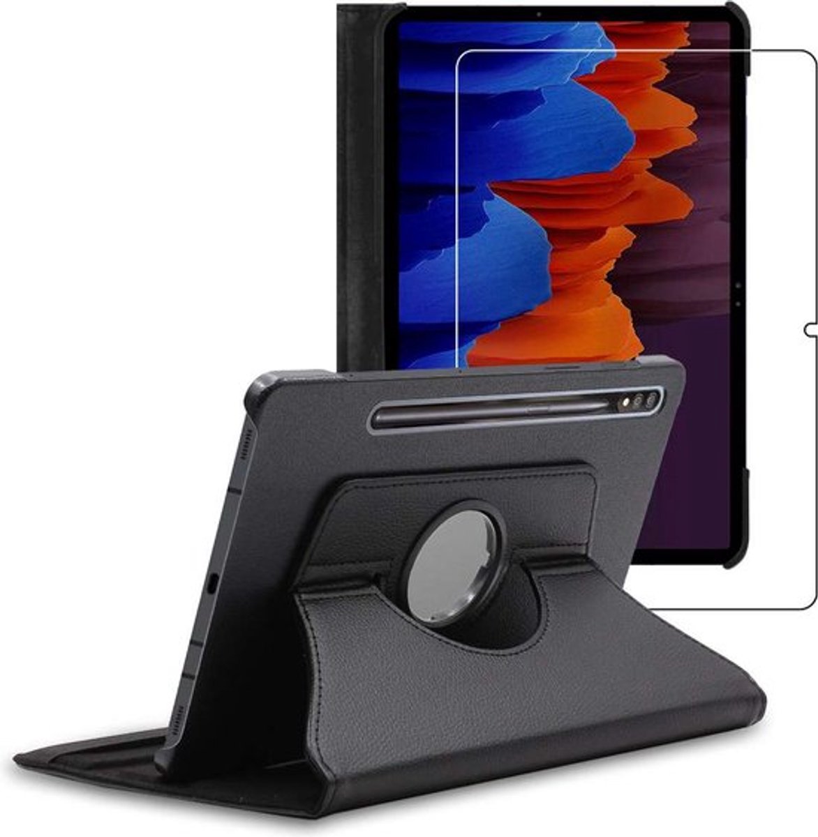 ebestStar - Hoes geschikt voor Samsung Galaxy Tab S7+ SM-T970, Roterende Etui, Case, 360° Draaibaar hoesje, Zwart + Gehard Glas