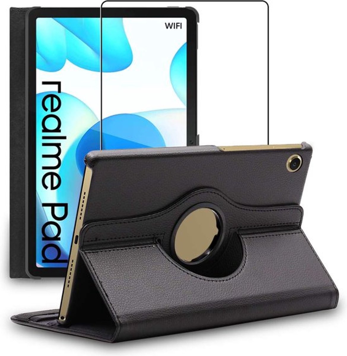 ebestStar - Hoes geschikt voor Realme Pad 10.4 (2021), Roterende Etui, Case, 360° Draaibaar hoesje, Zwart + Gehard Glas