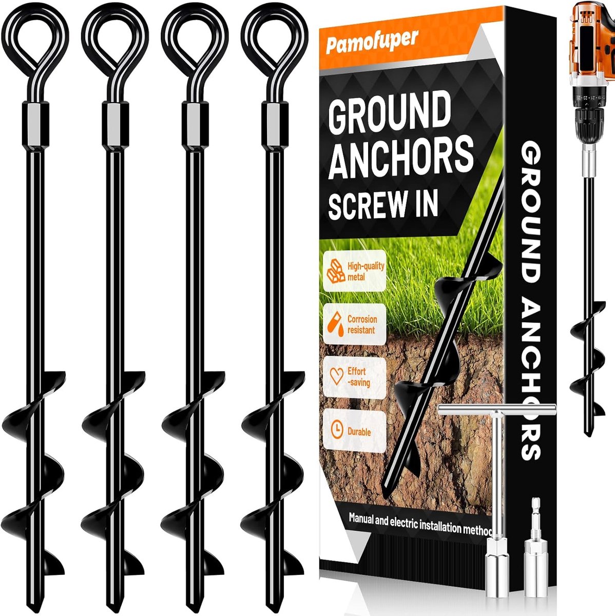SnelShoppen - Set van 4 Grondankers voor Trampoline, Tent en Schommels - Heavy Duty RVS, Windbestendig, Snelle Installatie met T-wrench en Boor - Perf