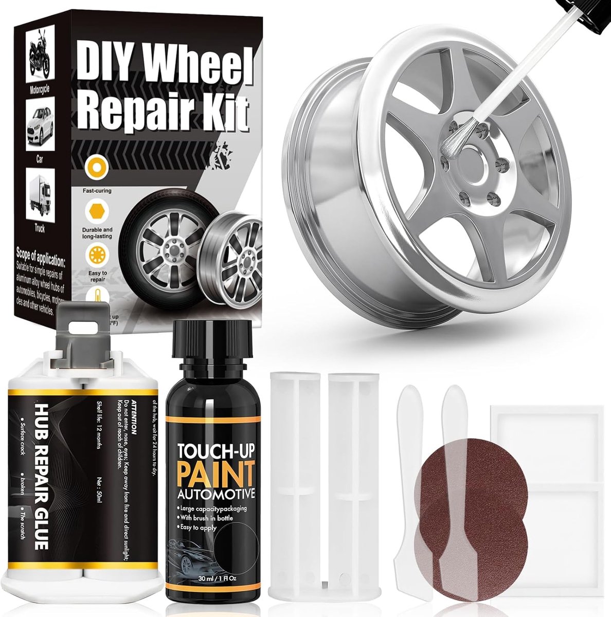 SnelShoppen - Allony Car Scratch Repair Kit, Alloy Wheel Paint Repair, Aluminium Alloy Krassen en Slijtage Herstelset voor Auto en Motor, Zilver, 50ml