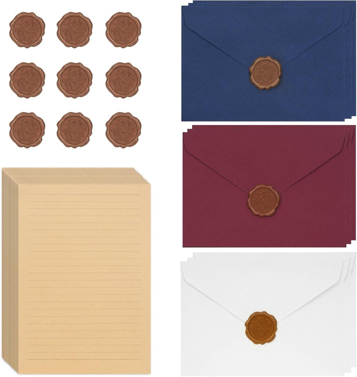 Vintage Briefpapier Set met 9 Linnen Enveloppen en Waszegels, 20 A5 Papieren voor Liefdesbrieven, Huwelijk en Verjaardagen