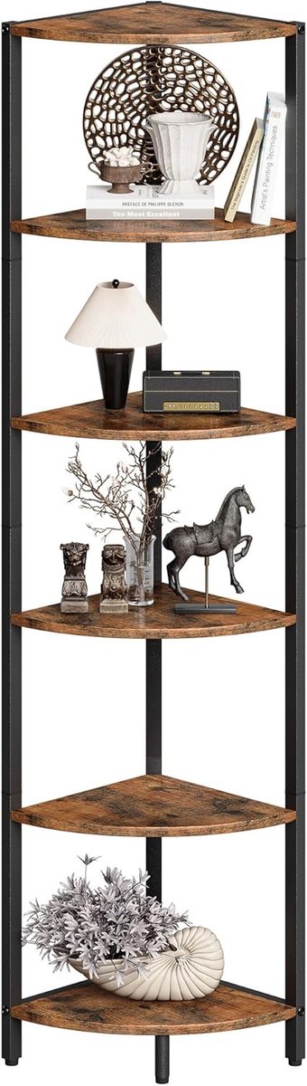 Thijox - CS-001RB Staande Hoekkast met 6 Verdiepingen, Houten Boekenplank, Hoekplank, Opbergrek voor Keuken, Badkamer, Woonkamer, Kantoor, Bruin
