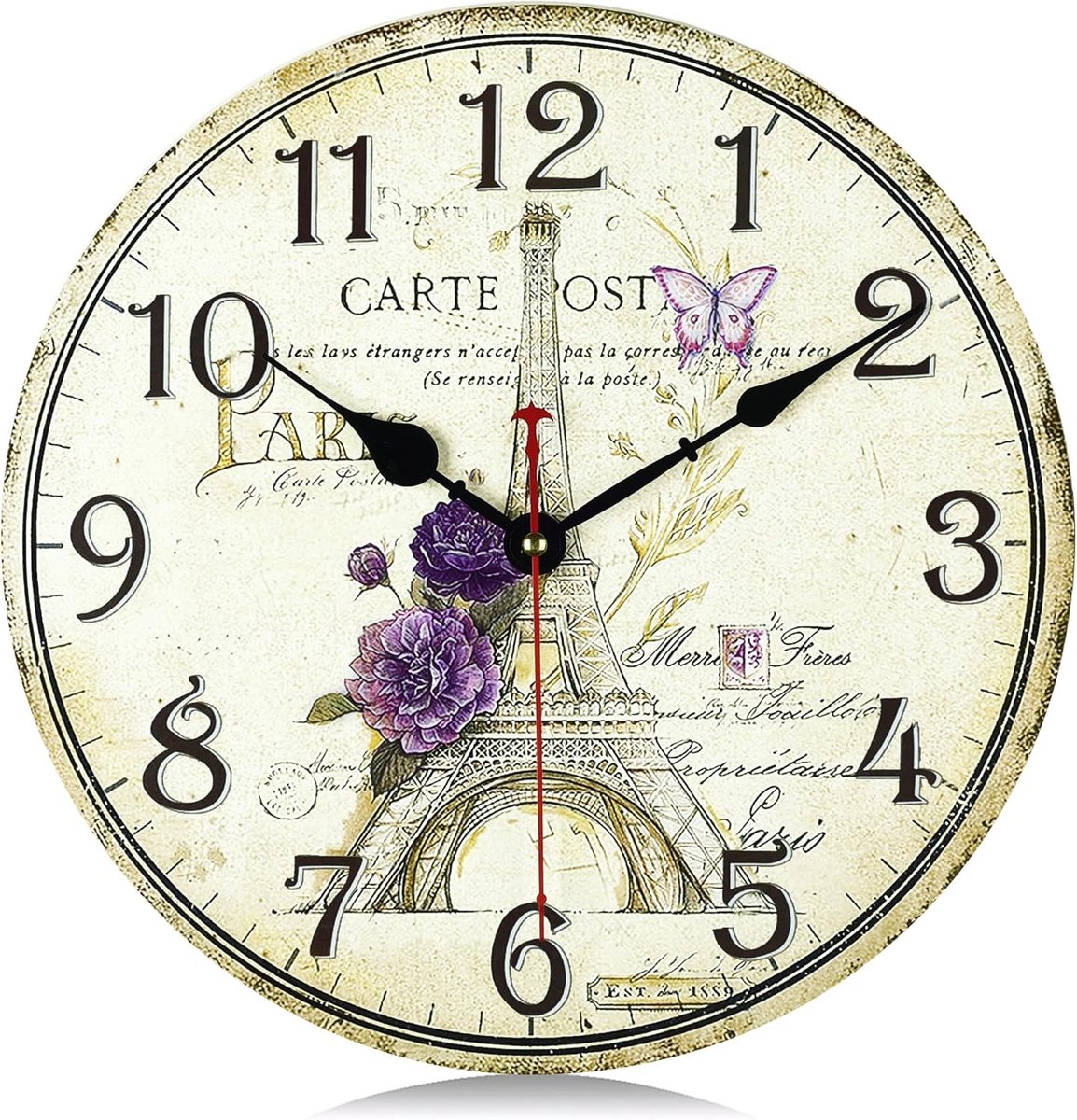 SnelShoppen - Vintage Houten Eiffel Tower Wandklok 30cm - Stille Retro Bloemen Wanddecoratie - Shabby Chic Ronde Klok voor Woonkamer, Slaapkamer, Keuk