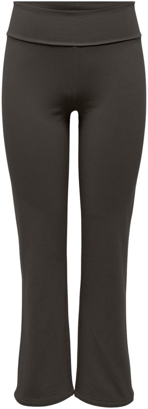 Een donkergrijze sportbroek met wijde pijpen en opvouwbare tailleband, gefotografeerd van voren.