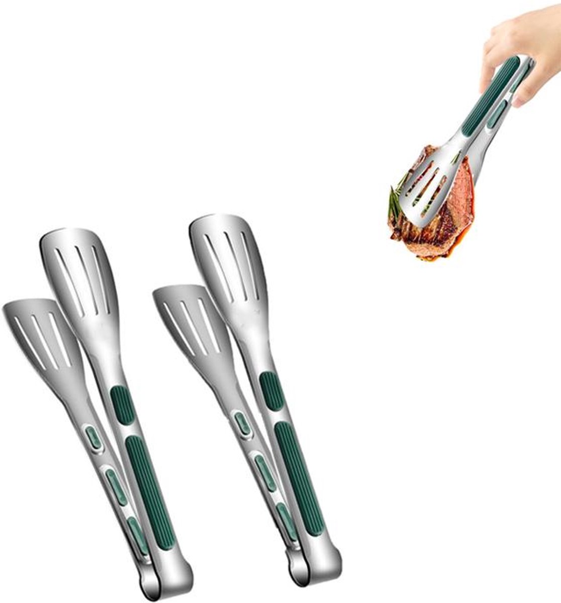 KZQ Keukenklemmen - Antislip roestvrijstalen klemmen - BBQ-klemmen - Met hittebestendige handgrepen - Geschikt voor barbecue, vlees, pasta, salades en buffetten - 3-delige set (klein, middelgroot, groot)