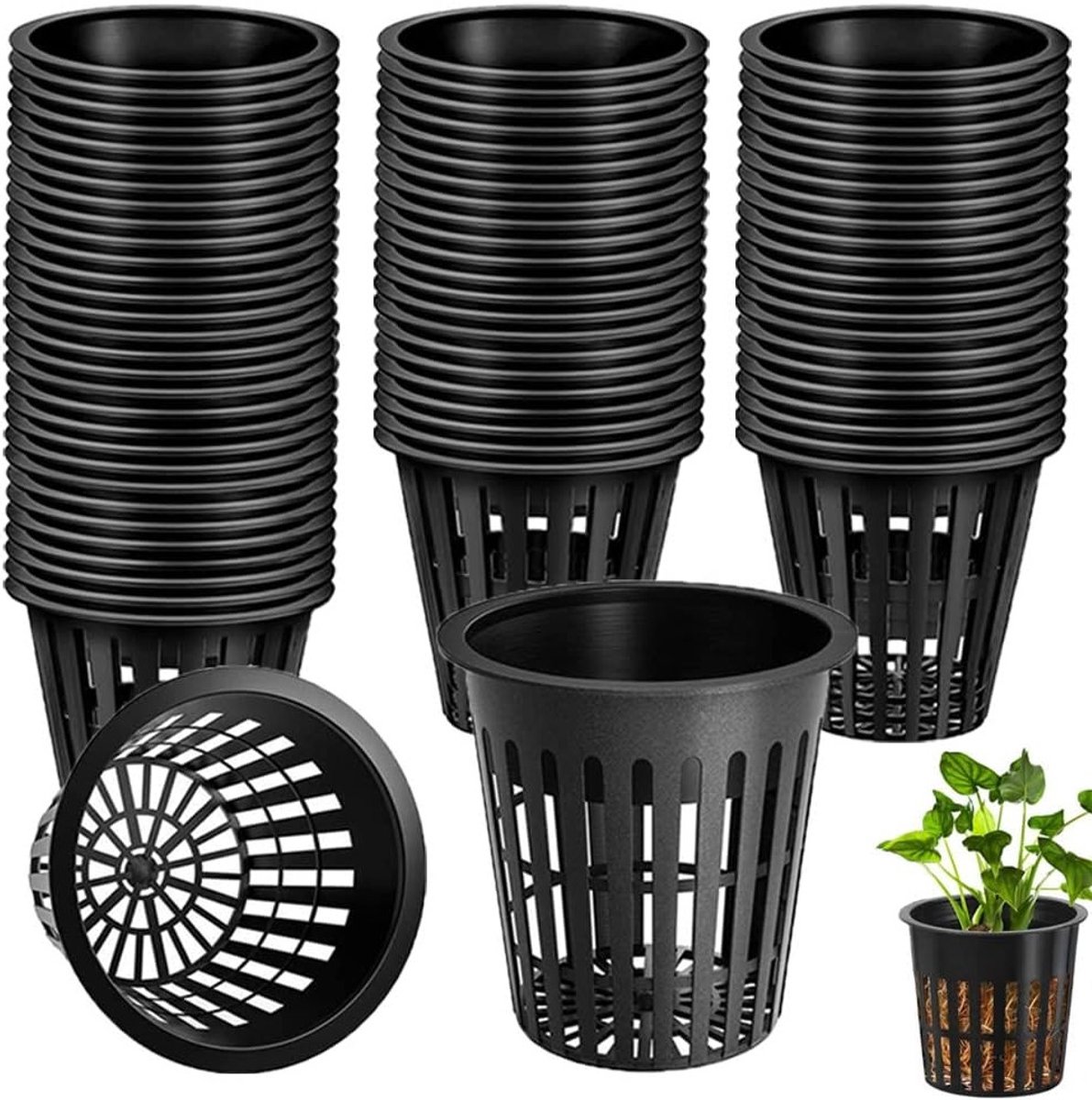 Net Pots voor Hydroponics - 8 cm Water Cultuur Plant Bakjes - 50 Stuks Zwarte Plastic Net Potten voor Tuinieren en Plantenverzorging
