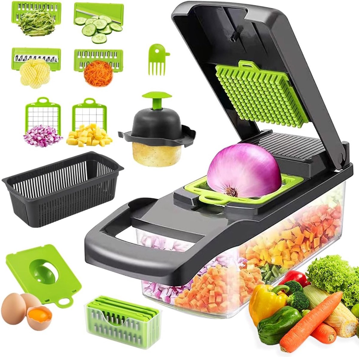 Multifunctionele 16-in-1 Groentecutter Set met 7 RVS Messen voor Snijden, Rasp en Hakken in de Keuken