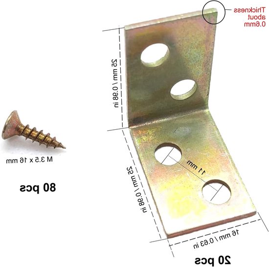 20 stuks gele hoekverbindingen van 90 graden, verzinkt, hoekklemmen en schapsteunen met schroeven voor het installeren van kastplanken (25 x 25 x 15 mm) — afbeelding 5
