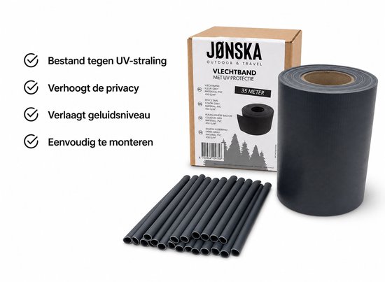 Antraciet vlechtband rol van 35 meter met montagebuisjes, verpakt in JONSKA doos.