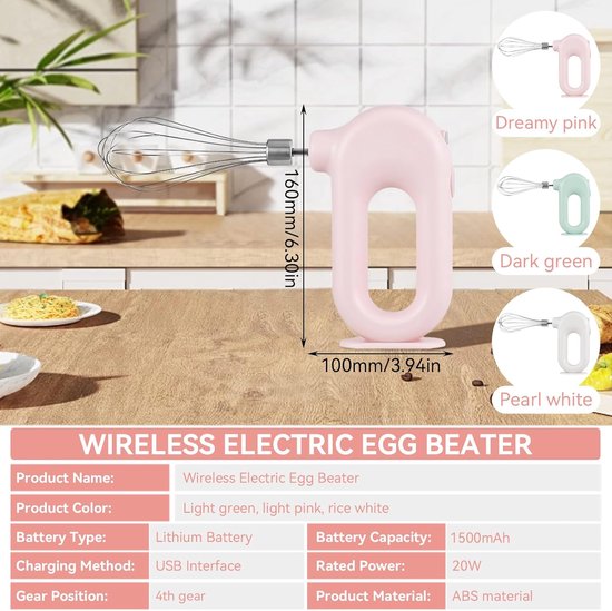 SnelShoppen - Draadloze Hand Mixer Mini Elektrische Handmixer USB Oplaadbaar met 4 Snelheden - Roze - Perfect voor Eieren Kloppen en Bakken in Keuken van Snelshoppen — afbeelding 2