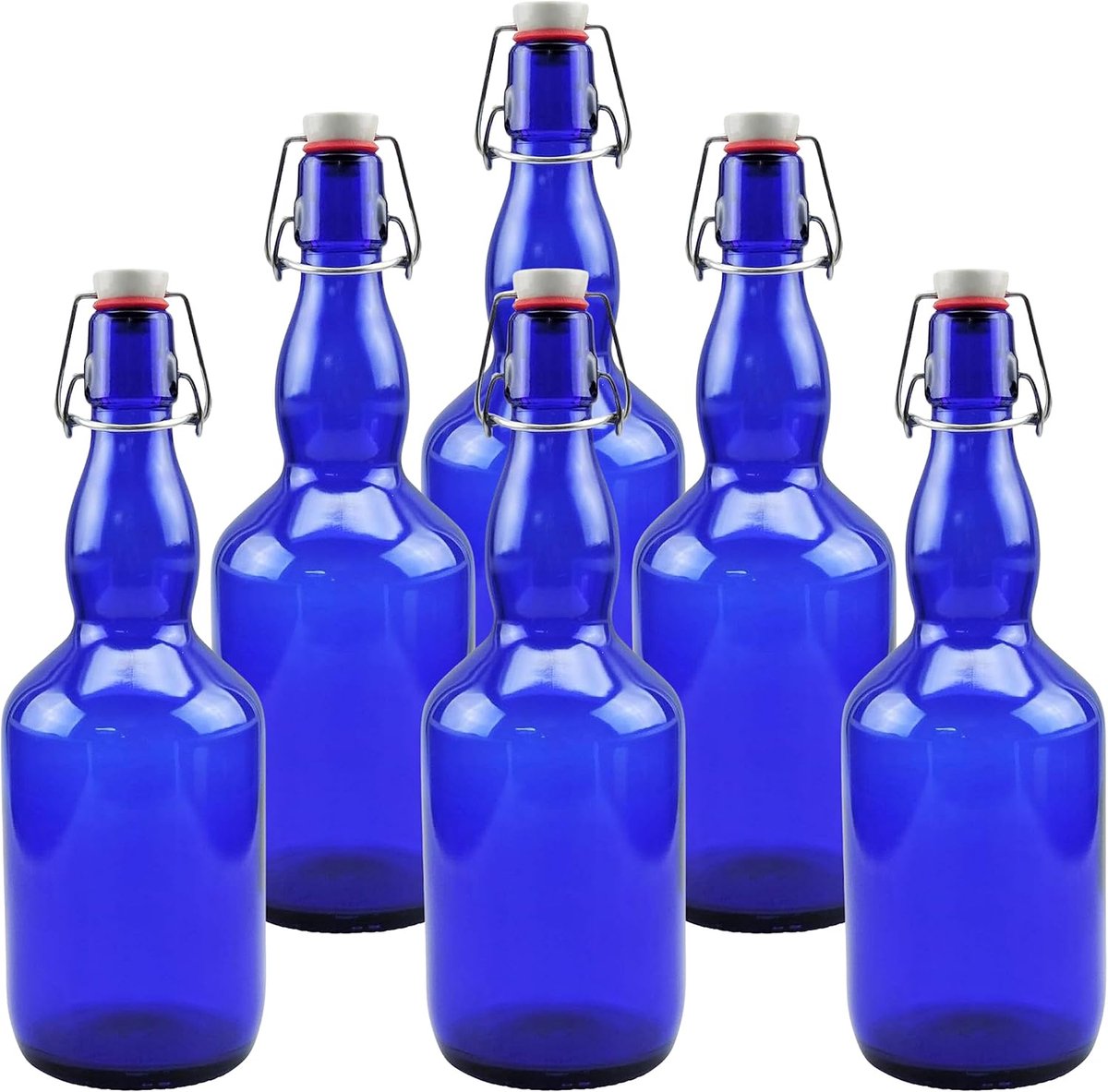 SnelShoppen - 6x Blauwe Glazen Flessen 0.75L met Porseleinen Haaksluiting - Veelzijdig Gebruik voor Water, Bier, Olie, Likeur - Perfect voor Feesten,