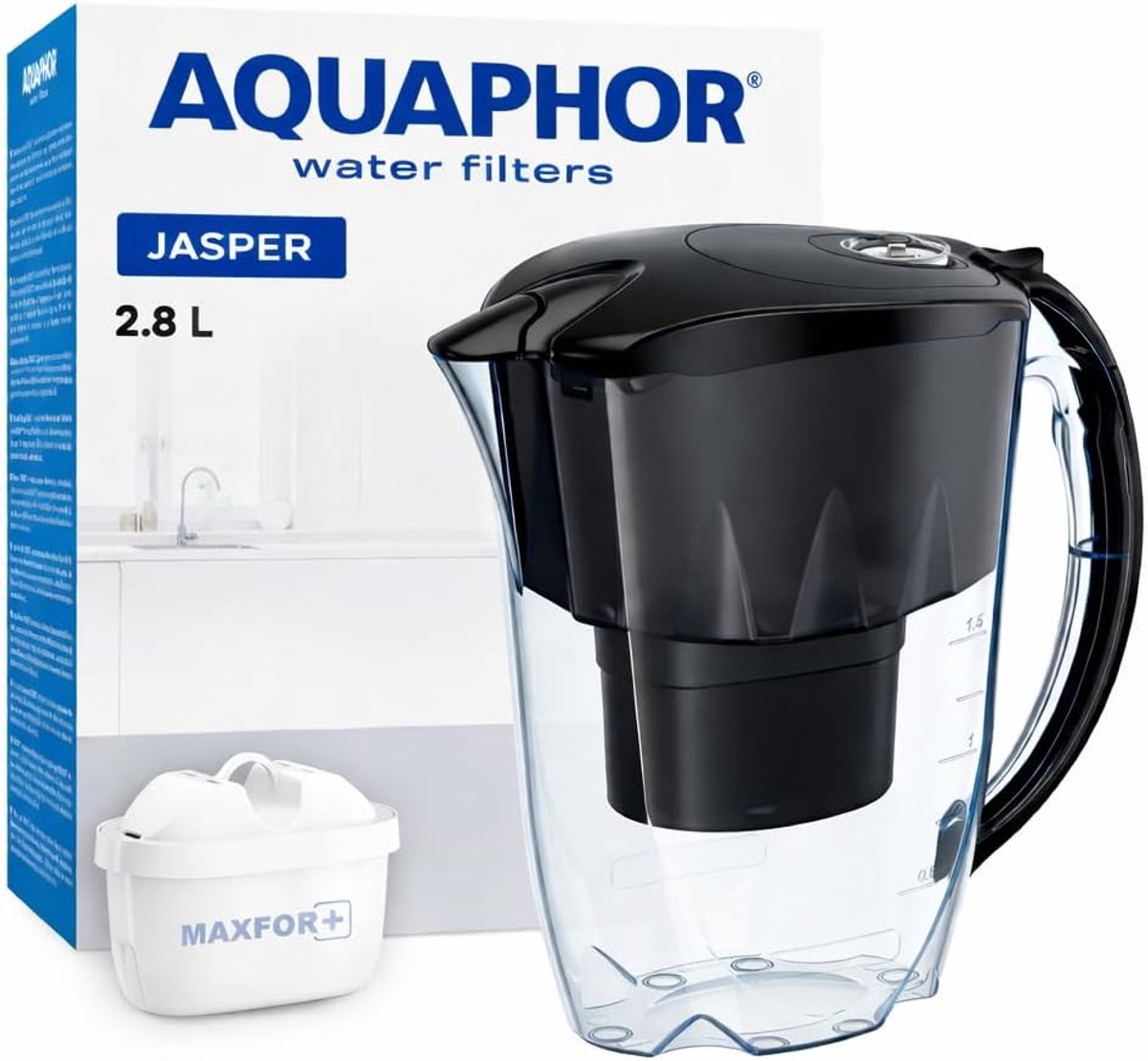 SnelShoppen - Waterfilterkan Zwart 2.8L met MAXFOR+ Filter - Verlaagt Kalk & Chloor - Ideaal voor Keuken, Fridge Deur, Gezond Drinkwater
