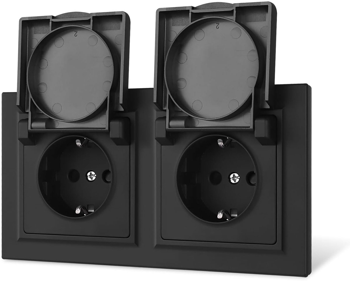 SnelShoppen - Waterproof Dubbele Schuko Wandcontactdoos met Deksel en Klauwen - IP44 Bescherming - Zwart - Perfect voor Tuin, Keuken en Camping - 2-Ga