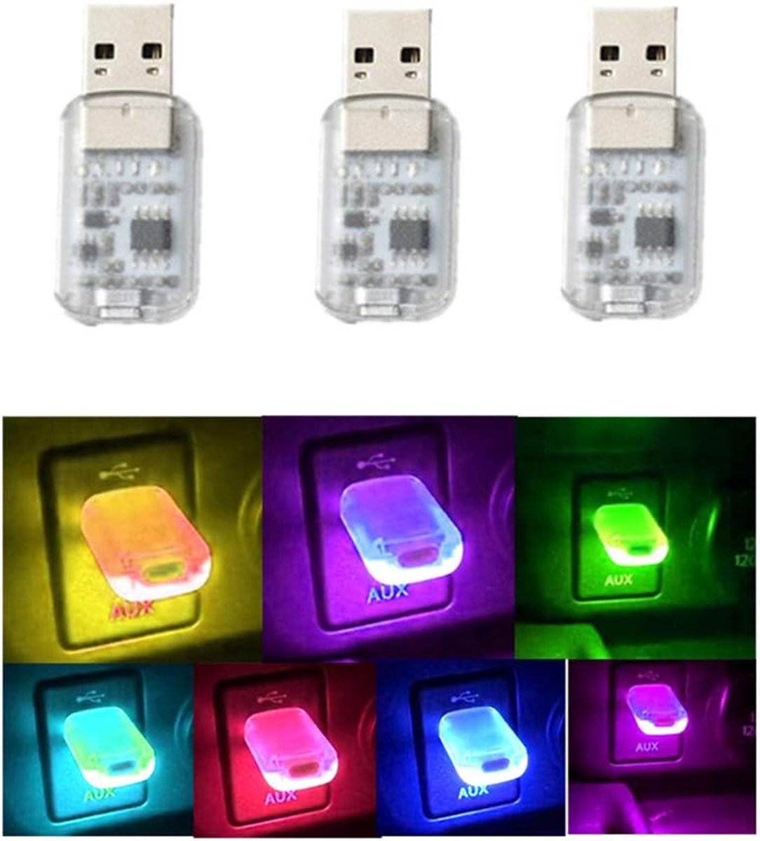 SnelShoppen - Pack van 3 Mini USB LED Lichten met Touch en Stemcontrole - Kleurrijke Interieurverlichting voor Auto, Computer, Kamperen en Feesten
