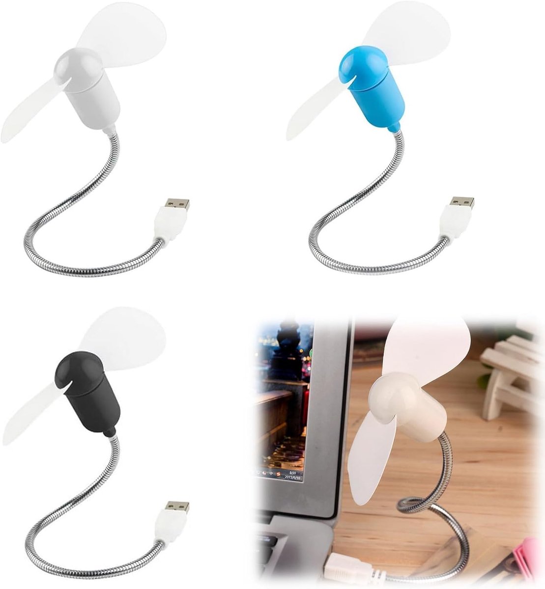 SnelShoppen - Mini-USB-Ventilator Set - Flexibele USB-Ventilators met Flexibele Hals - 3 Stuks in Zwart, Wit en Blauw - Ideaal voor Thuis, Kantoor, Ca