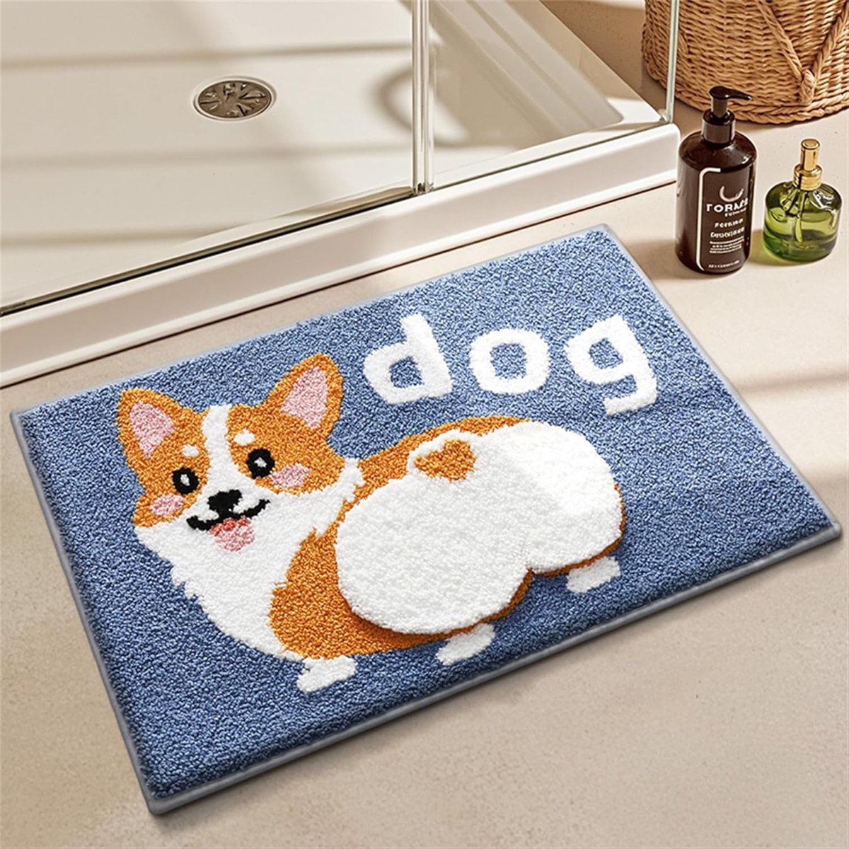 SnelShoppen - Corgi Badmat 50x75cm, Blauw Hond Motief Douchemat, Zacht Absorberend Badkamer Tapijt met TPR Onderkant, Machinewasbaar voor Badkamer en