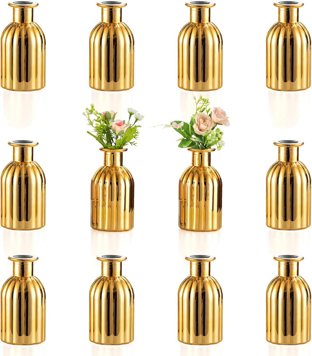 SnelShoppen - Set van 12 Kleine Glazen Vazen voor Bloemen - Vintage Gouden Decoratie - Handgemaakte Tafelcentra voor Bruiloft, Verjaardag en Thuisdeco