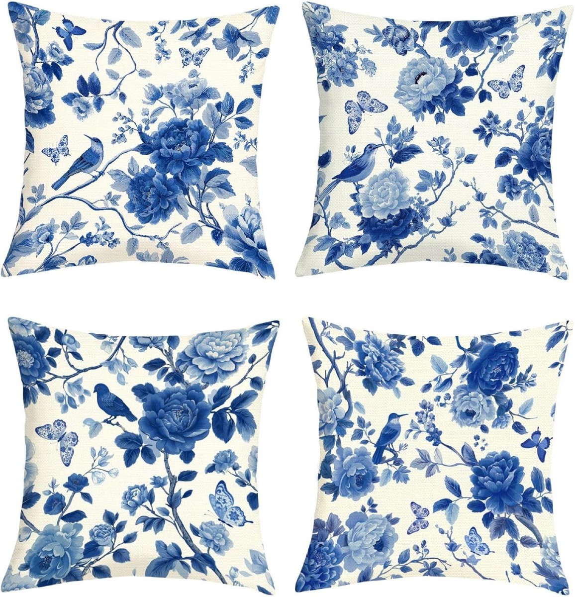 SnelShoppen - Chinoiserie Kussenslopen 45 x 45 cm Set van 4 - Blauw Witte Bloemen - Polyester Linnen voor Bank, Woonkamer, Stoel Decoratie