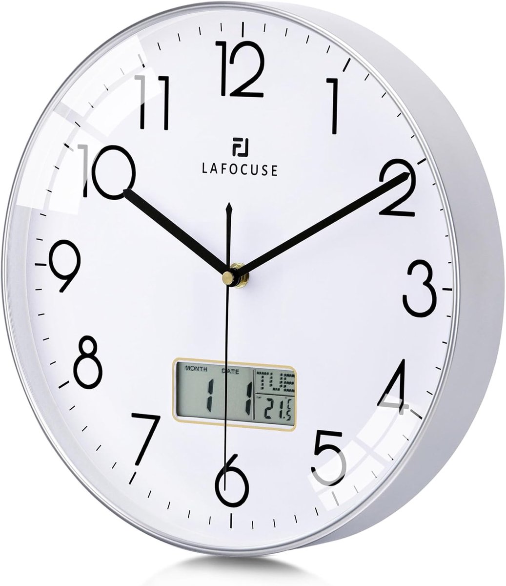 SnelShoppen - Stille Moderne Zilver Kookklok met Digitale Kalender, Werkdagen en Temperatuur 30cm Analoge Wandklok voor Keuken, Woonkamer, Slaapkamer