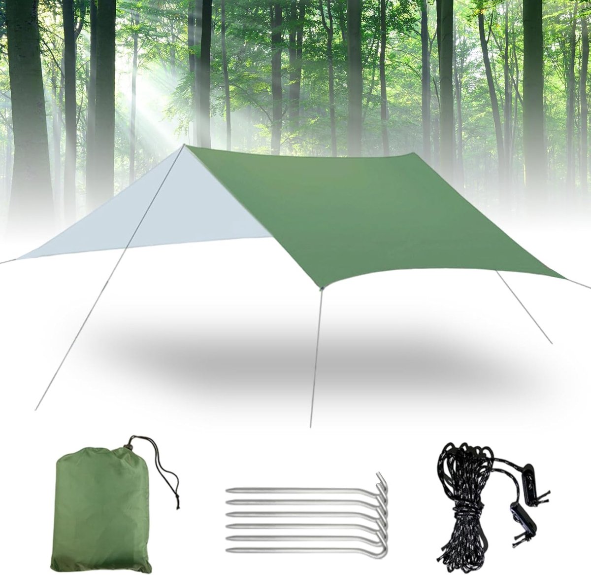 SnelShoppen - Waterproof Tarp 3 x 3 m Camping Tarpaulin met 6 Touwen en 6 Aluminium Haringen, UV Bescherming, Ultralicht, Ideaal voor Camping, Outdoor