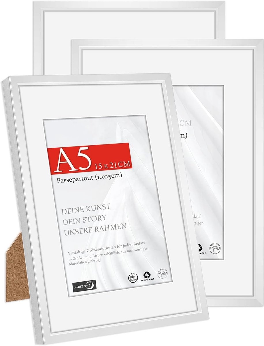 SnelShoppen - Set van 3 Aluminium Fotolijsten DIN A5 14.8x21 cm, Dunne Rand, Zilver, Schok