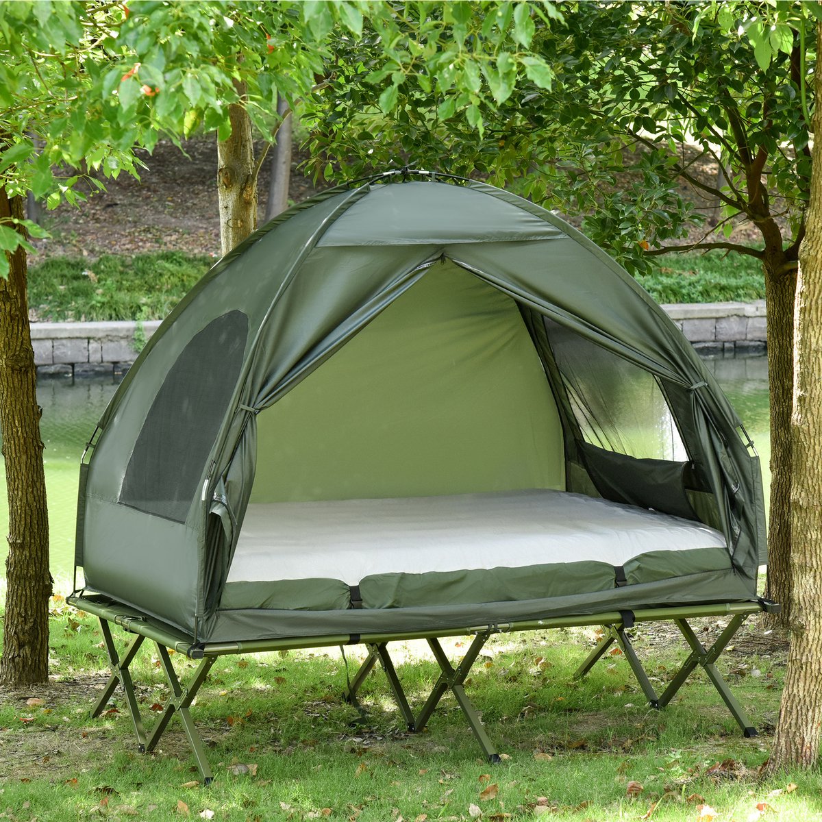FloraGrace Koepeltent – 193 x 136 x 178 cm – Met Veldbed En Luchtmatras – Oxfordstof – Groen – Voor 2 Personen – Met Voetpomp