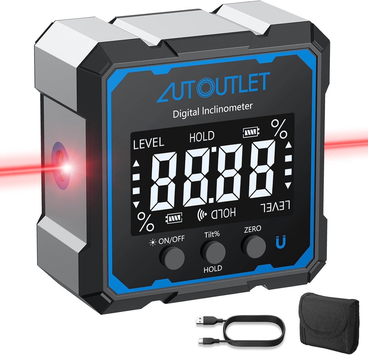 SnelShoppen - Digitale Inclinometer Meter met Laser en Verlichting, Waterdichte 4x90° Hoekmeter met 4 Magnetische Zijden, Precisie Niveau Meter voor H