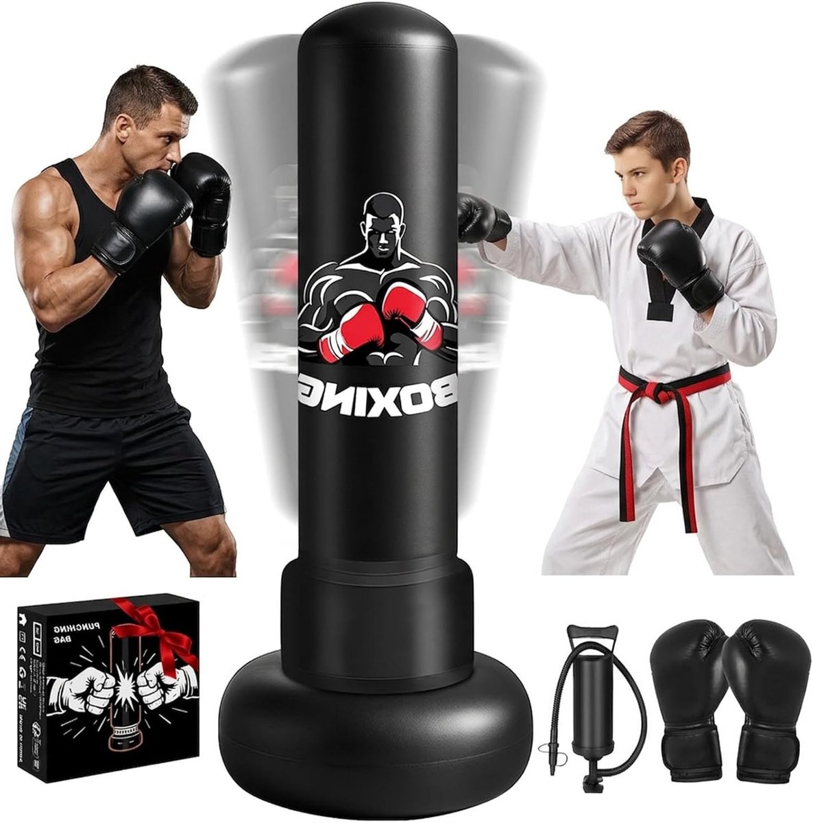 Vrijstaande Bokszak voor Volwassenen - 180cm Opblaasbare Bokszak met Standaard, Dikke PVC, Inclusief Zwarte Bokshandschoenen en Luchtpomp, Thuis Training voor MMA, Muay Thai en Kickboksen